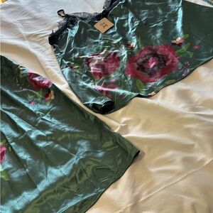 Pixi Green Satin Floral Lace-Trim Cami & Skirt Set